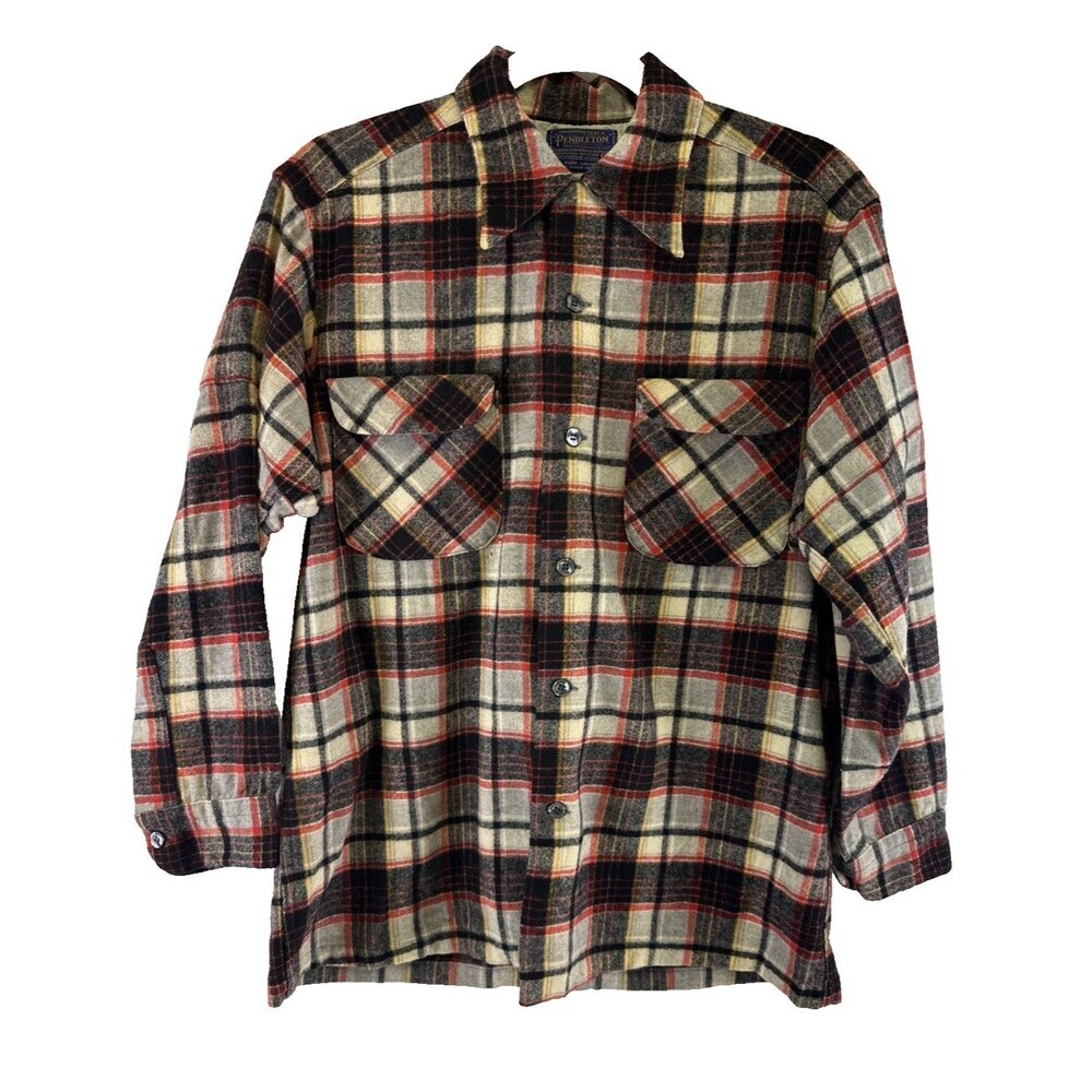 Pendleton Board Shirt Wool Button Down Collared Gold Red Black Plaid Mens Medium